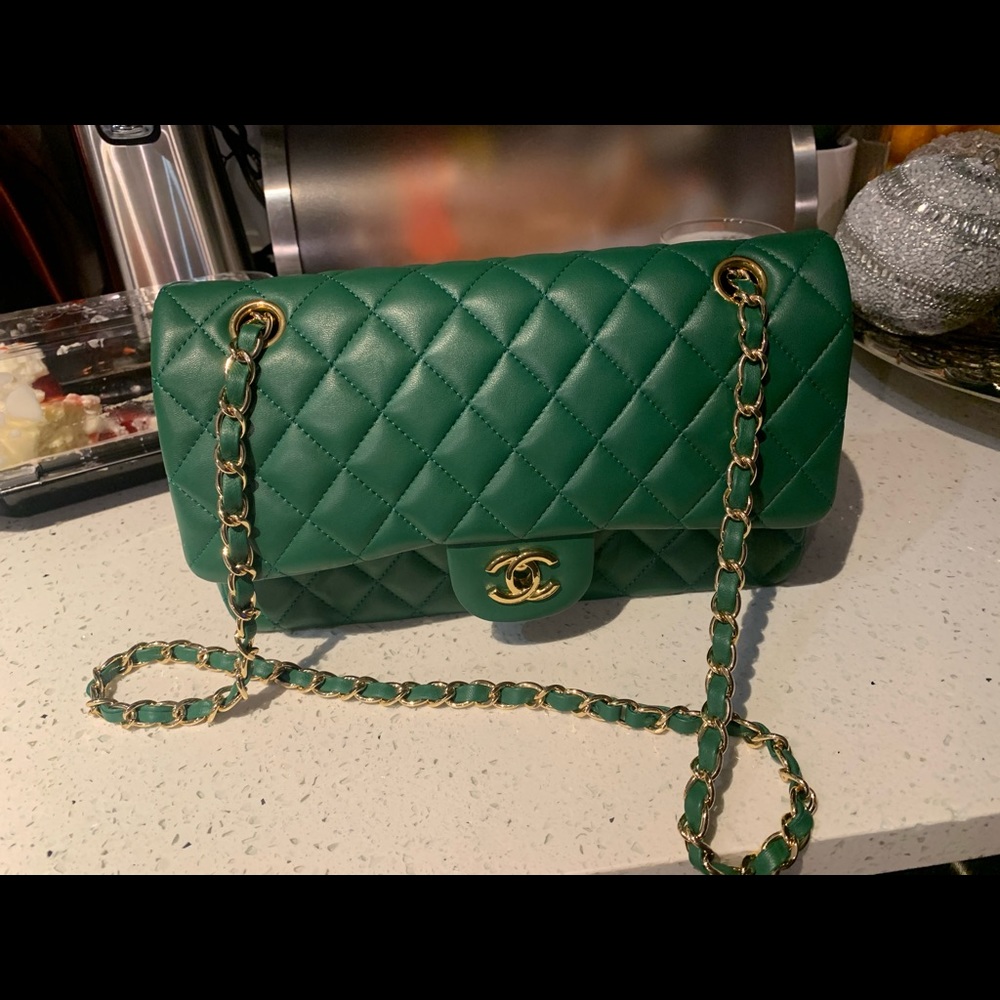 Channel Lambskin quilted mini rectangular flap green